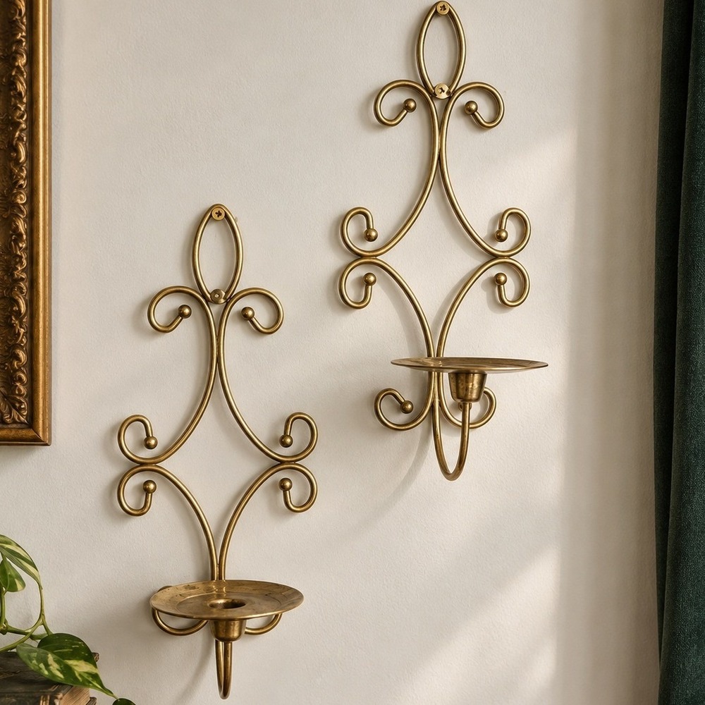 Vintage Brass Wall Sconces Pair Gold Scroll Fleur De Lis Taper Candle Holders
